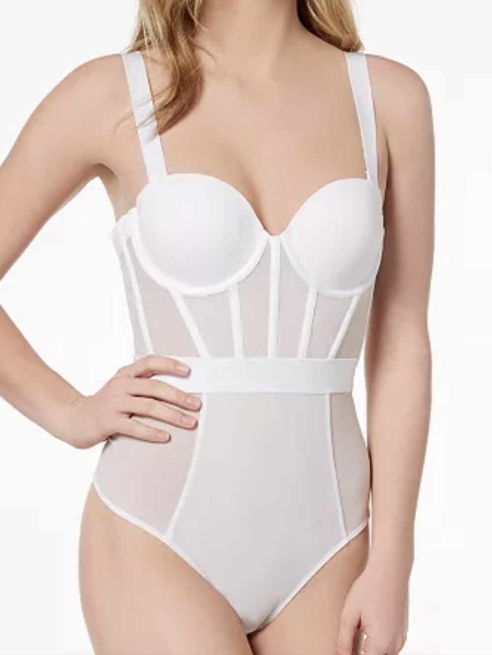 DKNYWomen's Sheers Strapless Mesh-Panel Thong Bodysuit White DK6008 NWOT 34DD